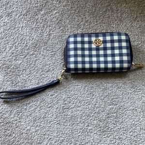 Tory Burch gingham blue and white wristlet